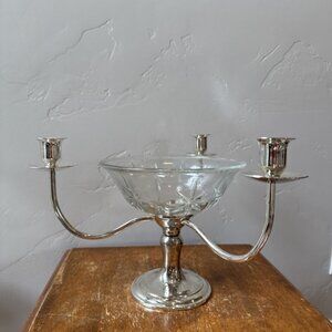 Silver Plated Candelabra Starburst Cut Clear Glass Bowl Center 3‎ Pegged Nappies